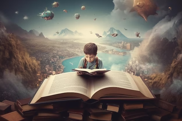 Dječak sjedi i čita veliku knjigu iz koje izlaze bajkoviti elementi, simbolizirajući iscjeljujuću moć mašte kroz biblioterapiju.